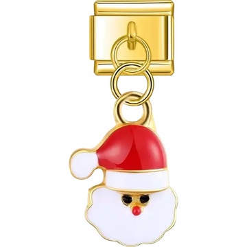 Santa Claus face with a red hat and white beard dangling Italian charm bracelet link