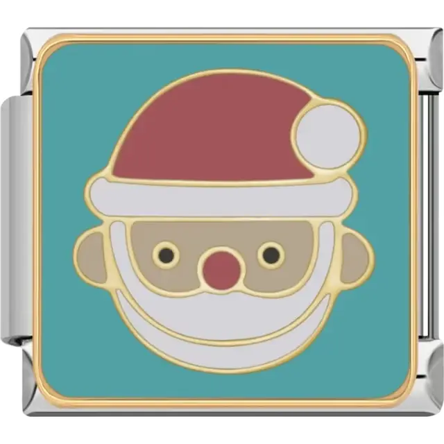 Santa Claus face with red hat and white beard design on teal background Italian charm bracelet link