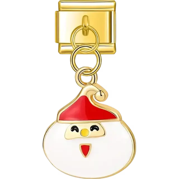 White Santa face with a red hat and gold outline dangle design Italian charm bracelet link