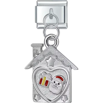 Silver house with star details Santa face and gift design Italian charm bracelet link