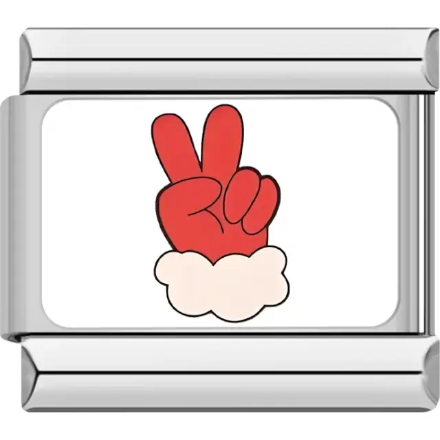 Santa's red gloved hand making a peace sign with a white cuff detail Italian charm bracelet link