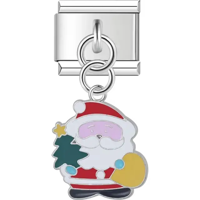 Santa holding green Christmas tree and yellow sack with red and white suit on dangle Italian charm bracelet link