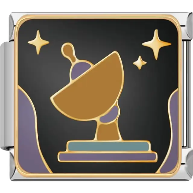 Gold satellite dish with purple and teal details surrounded by stars on black background Italian charm bracelet link