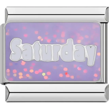 “Saturday” text on a shimmering purple Italian charm bracelet link