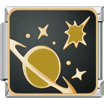 Gold Saturn planet with stars and black background Italian charm bracelet link
