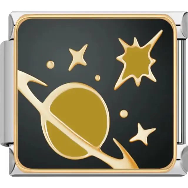 Gold Saturn planet with stars and black background Italian charm bracelet link