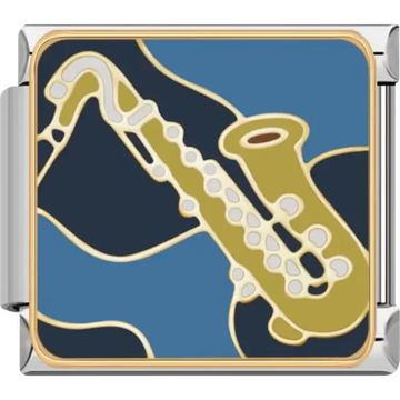 Saxophone design in gold and white with a blue and black patterned background Italian charm bracelet link