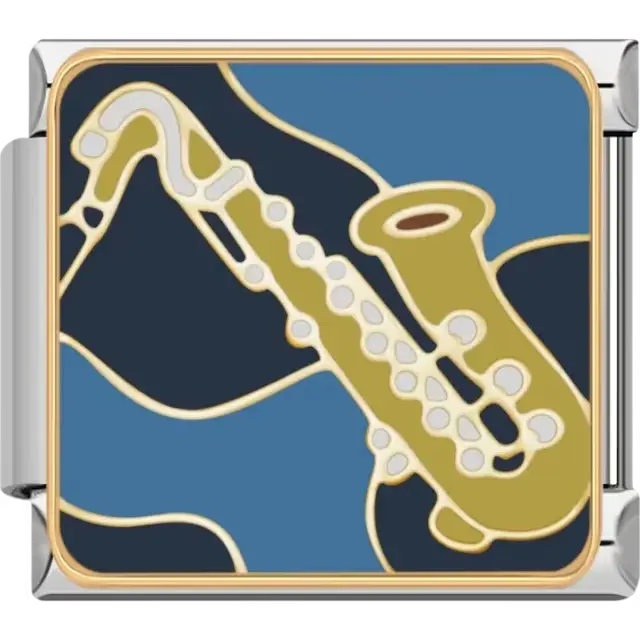 Saxophone design in gold and white with a blue and black patterned background Italian charm bracelet link