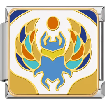 Blue and gold scarab beetle with vibrant orange, blue, and turquoise wings holding the sun disk on a white background symbol of transformation and protection in ancient Egyptian mythology Italian charm bracelet link
