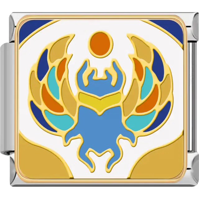 Blue and gold scarab beetle with vibrant orange, blue, and turquoise wings holding the sun disk on a white background symbol of transformation and protection in ancient Egyptian mythology Italian charm bracelet link