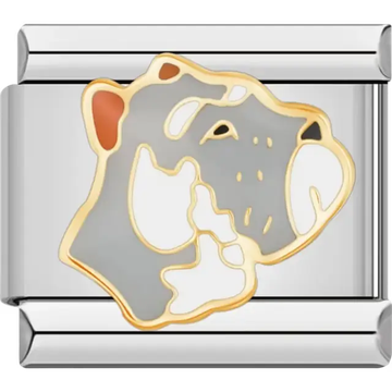 Gray and white Schnauzer dog with a distinctive white beard and gold details Italian charm bracelet link