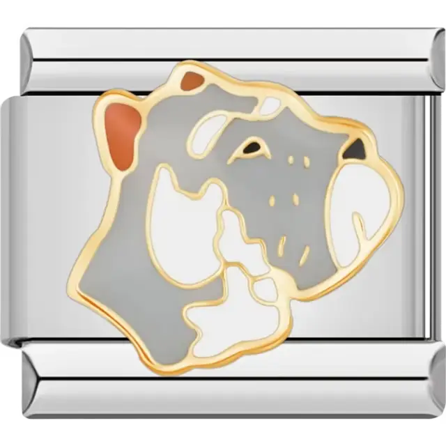 Gray and white Schnauzer dog with a distinctive white beard and gold details Italian charm bracelet link