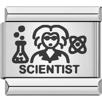Black scientist figure with a beaker, atom symbol, and lab coat above bold "SCIENTIST" text Italian charm bracelet link