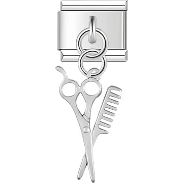 Silver scissors and comb hairstylist dangle pendant Italian charm bracelet link