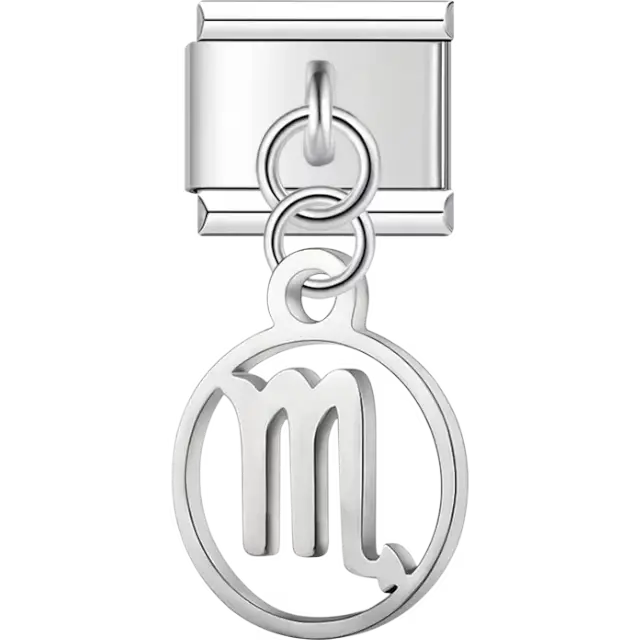 Scorpio zodiac symbol on a circular dangle Italian charm bracelet link