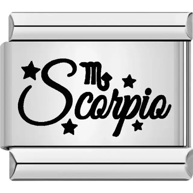Black "Scorpio" text with Scorpio symbol and star accents Italian charm bracelet link