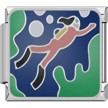 Scuba diver in blue gear surrounded by bubbles and green seaweed on a light blue background Italian charm bracelet link