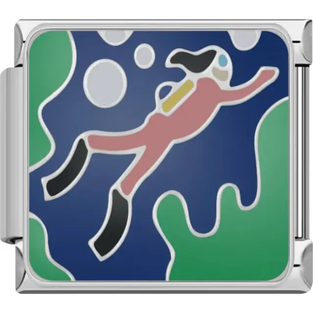 Scuba diver in blue gear surrounded by bubbles and green seaweed on a light blue background Italian charm bracelet link