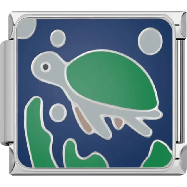 Green sea turtle surrounded by bubbles and seaweed on a blue background Italian charm bracelet link