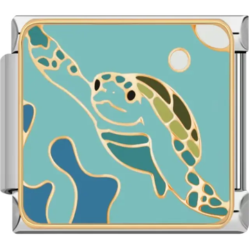 Sea turtle swimming in blue water with green, beige, and brown shell patterns Italian charm bracelet link