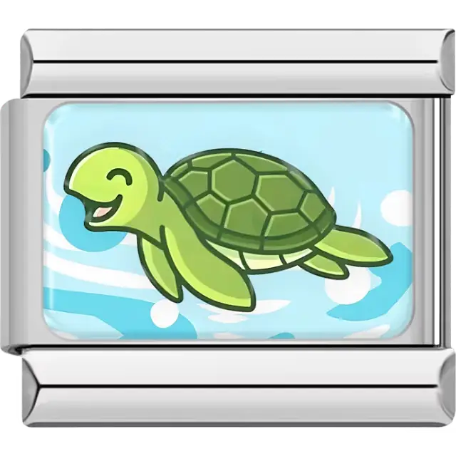 Green sea turtle swimming with a light blue ocean background Italian charm bracelet link