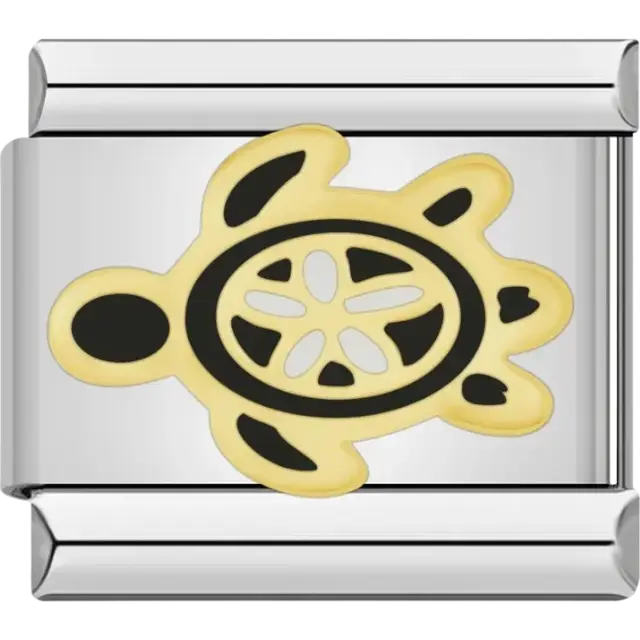 Golden sea turtle outline with black details Italian charm bracelet link