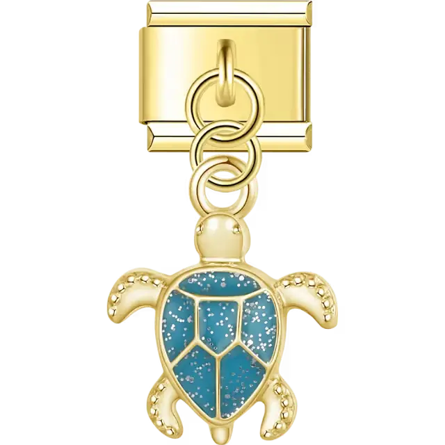 Blue enamel sea turtle with glitter accents dangle Italian charm bracelet link