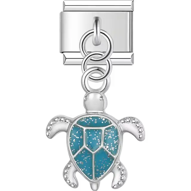 Blue enamel sea turtle with glitter accents dangle Italian charm bracelet link