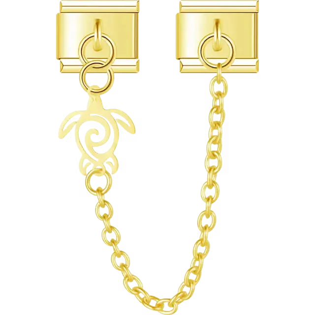 Sea turtle cutout with spiral shell design connected by chain Italian charm bracelet link
