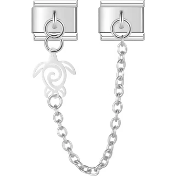 Sea turtle cutout with spiral shell design connected by chain Italian charm bracelet link