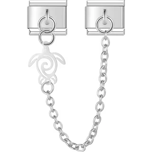 Sea turtle cutout with spiral shell design connected by chain Italian charm bracelet link