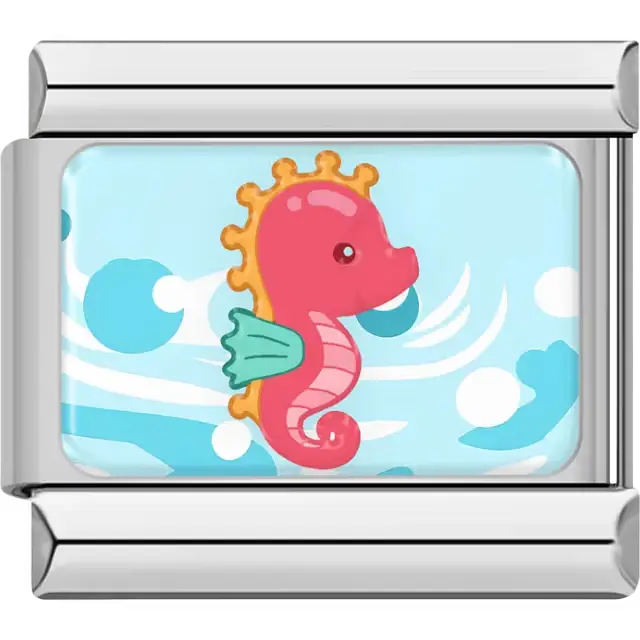 Pink seahorse with green fins and a light blue ocean wave background Italian charm bracelet link