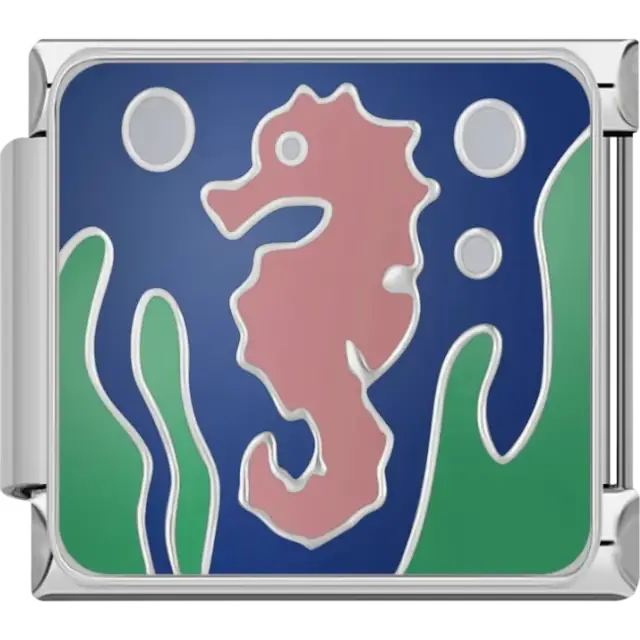 Pink seahorse surrounded by green seaweed and bubbles on a blue background Italian charm bracelet link