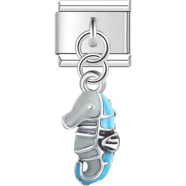 Blue seahorse with silver details on a dangle Italian charm bracelet link