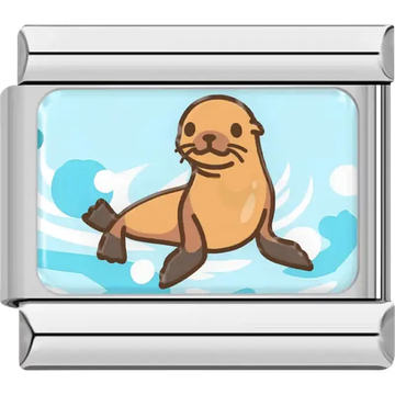 Brown seal with a light blue ocean wave background Italian charm bracelet link