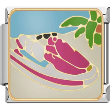 Pink and white seashell on a sandy beach with palm leaves and a blue sky Italian charm bracelet link