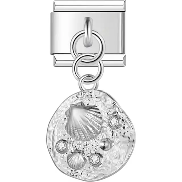 Seashells and crystal accents on textured circle dangle Italian charm bracelet link