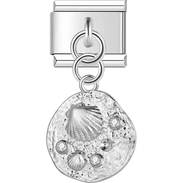 Seashells and crystal accents on textured circle dangle Italian charm bracelet link