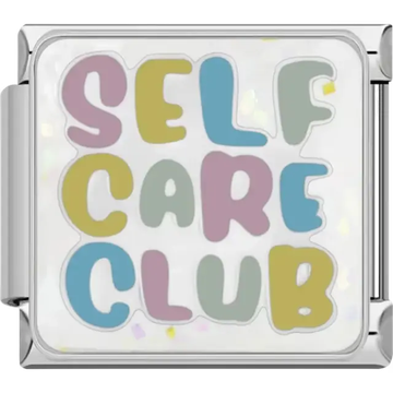"Self Care Club" text in pastel colors with a sparkly white background Italian charm bracelet link