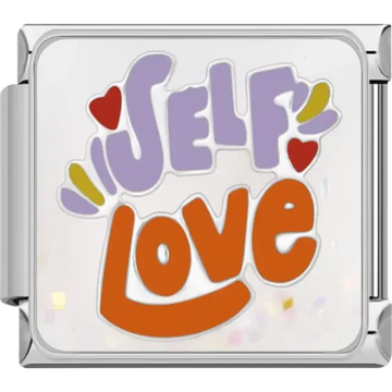 "Self Love" text in purple and orange with red hearts and colorful accents Italian charm bracelet link