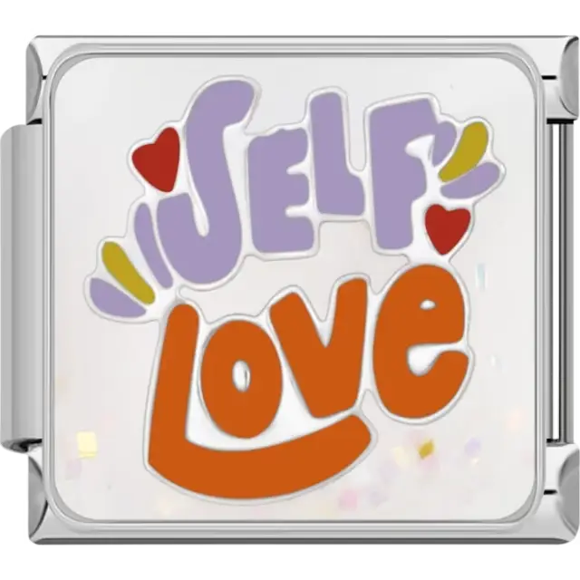"Self Love" text in purple and orange with red hearts and colorful accents Italian charm bracelet link
