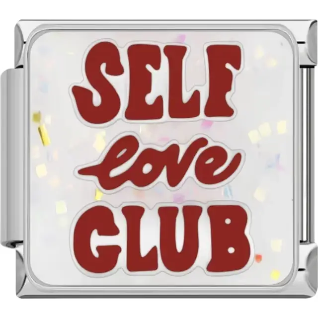 Bold red “Self Love Club” text on a white glitter background with confetti accents Italian charm bracelet link