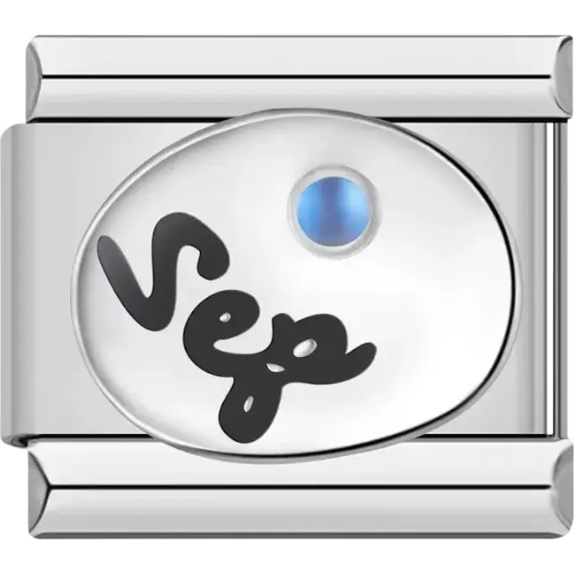 "Sep" text with a sapphire-inspired blue birthstone in an oval detail Italian charm bracelet link