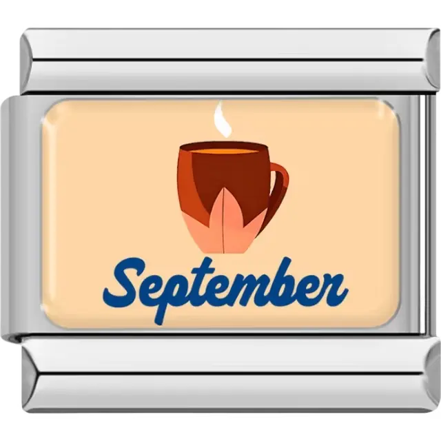 Brown steaming coffee cup with "September" in blue on beige background Italian charm bracelet link