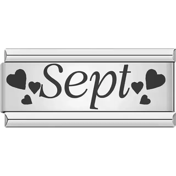 Black text spelling "Sept" surrounded by small and large black hearts Italian charm bracelet link