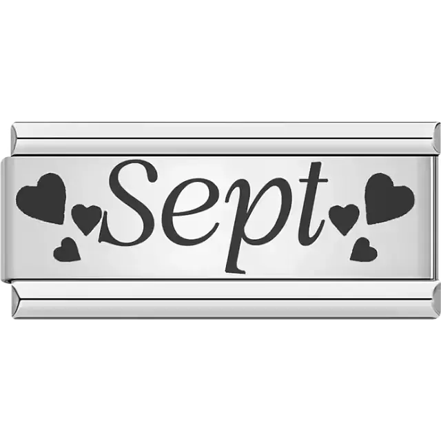 Black text spelling "Sept" surrounded by small and large black hearts Italian charm bracelet link