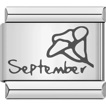 Morning glory flower with "September" text detail Italian charm bracelet link