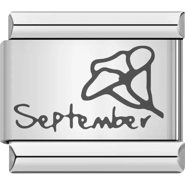 Morning glory flower with "September" text detail Italian charm bracelet link