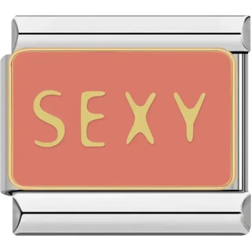 Gold lettering on coral background rectangular Italian bracelet charm link
