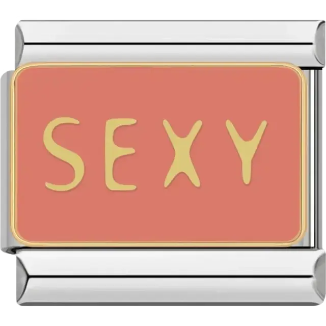 Gold lettering on coral background rectangular Italian bracelet charm link